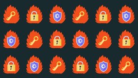 Seamless pattern of cybersecurity, lock, key, and firewall icons in fire cartoon. Repeating wallpaper with data protection, padlock, and urgent security background animation. Digital defense backdrop. - Powered by Shutterstock - Get 15% off with code: PIKWIZARD15