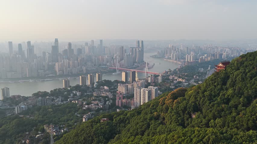 Aerial view of Chongqing cityscape and bridge, China.