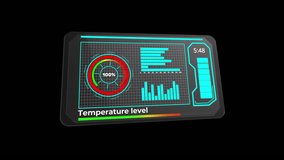 medical tablet displaying temperature level and trend graphs with circular percent indicator, neon cyan ui and battery icon, sterile clinical environment with nurse or tech monitoring body heat data - Powered by Shutterstock - Get 15% off with code: PIKWIZARD15