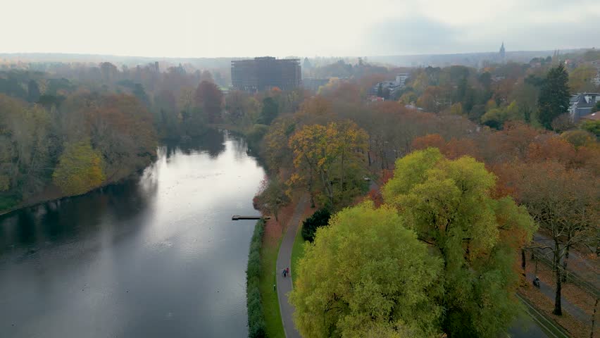 Aerial view of a river and buildings, Belgium.