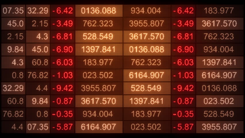 Seamless loop 3D animation of a stock market quotes table with red negative changes in a warm grid layout on dark screen, ideal for trading, finance, news, and analytics.