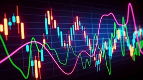 Seamless loop 3D animation of neon candlestick chart on dark grid with pink and green indicators, ideal for stock trading, crypto, fintech, and market analytics. - Powered by Shutterstock - Get 15% off with code: PIKWIZARD15