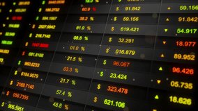 Seamless loop 3D animation of dark stock market table with glowing red, green and yellow prices, percentages and arrows on a digital screen. Finance dashboard background. - Powered by Shutterstock - Get 15% off with code: PIKWIZARD15