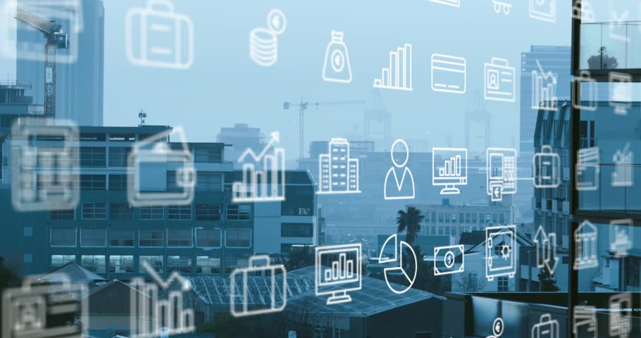 On start white finance icon grid sliding right, down, shifting opacity to show market trends. Cityscape, glass, monochrome, parallax, corporate, architecture, hazy