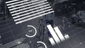 Midadult woman walking with bike on street, data overlay sliding, over her, showing finance charts. Pedestrian, bicycle, urban, cityscape, commuter, storefronts, backpack - Powered by Shutterstock - Get 15% off with code: PIKWIZARD15