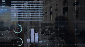 HUD appearing overlaying reflection, woman walking past, charts animating into tech dashboard. Pedestrian, storefront, outdoor, dynamic, analytics, urban, data - Powered by Shutterstock - Get 15% off with code: PIKWIZARD15