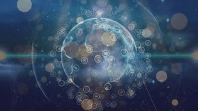 Lens flare sweeping midline starting hologram globe rotating nodes pulsing showing global data flow. Orb, holographic, digital, neon, futuristic, network, signals - Powered by Shutterstock - Get 15% off with code: PIKWIZARD15