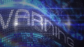 Blue ribbon sweeping LED mosaic, initiating particles coalescing into globe, letters revealing logo. Curved, tiles, grid, holographic, neon, futuristic, digital - Powered by Shutterstock - Get 15% off with code: PIKWIZARD15