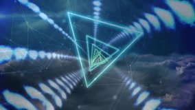 Vanishing pulse starting neon triangles growing, tilting and pulsing dots for motion above clouds. Tunnel, wireframe, concentric, glow, lightpaths, network, depth - Powered by Shutterstock - Get 15% off with code: PIKWIZARD15