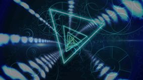Glowing neon triangular frame opening, rotating and pulsing while shifting colors, guiding tunnel. Geometry, concentric, corridor, strands, gears, orbs, spectrum - Powered by Shutterstock - Get 15% off with code: PIKWIZARD15