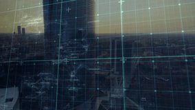 Teal HUD activating, scanning centered cylindrical tower while crosshairs shifting for alignment. Skyline, dusk, window, reflection, grid, overlay, turquoise - Powered by Shutterstock - Get 15% off with code: PIKWIZARD15