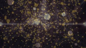 Central glow surging, gold dots pulsing and clustering then dispersing across dark network for data. Abstract, particles, bokeh, polygonal, glow, streak, haze - Powered by Shutterstock - Get 15% off with code: PIKWIZARD15