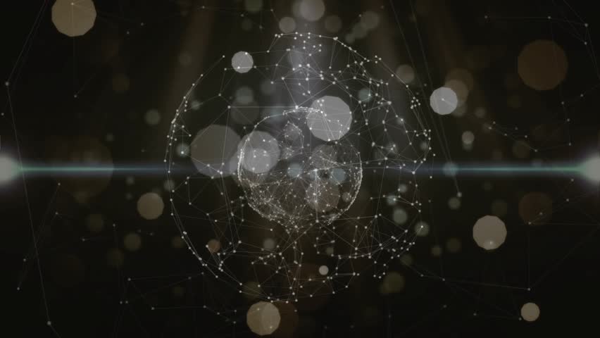 Faceted polygon entering left causing luminous globe pulsing and brightening to show network. Sphere, particles, lattice, bokeh, beams, glow, space - Powered by Shutterstock - Get 15% off with code: PIKWIZARD15