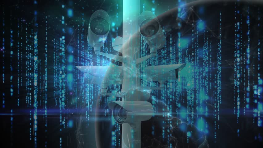 CCTV pole holding cams, cyan pillar rising, starting code rain and rotating globe, overlaying data. Surveillance, cameras, column, datastream, holographic, digital, planet