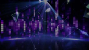 Dotted digital globe rotating after spotlight brightening, forming orbiting nodes to show network. Stage, purple, pixel, orb, glow, beams, lines - Powered by Shutterstock - Get 15% off with code: PIKWIZARD15