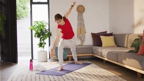 Woman doing side stretch on purple mat as circle overlay growing, guiding balance for health. Fitness, workout, home, livingroom, yoga, flexibility, stability - Powered by Shutterstock - Get 15% off with code: PIKWIZARD15