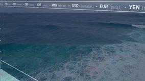 On load HUD overlaying ocean showing line drifting, bars rising, curve arching for currency trends. Dashboard, finance, analytics, data, visualization, display, forecast - Powered by Shutterstock - Get 15% off with code: PIKWIZARD15