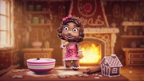Christmas 3D Animation – Adorable Gingerbread Girl in Cozy Festive Kitchen with Candy Decor, Baking Tools, and Glowing Fireplace. Perfect for Holiday Cards, Winter Scenes, and New Year Celebrations. - Powered by Shutterstock - Get 15% off with code: PIKWIZARD15