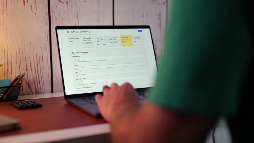 Middle Aged Human Resources Worker Runs Through AI Job Impact Analysis to Calculate Role Effectiveness for Layoffs and to Replace Positions Concept