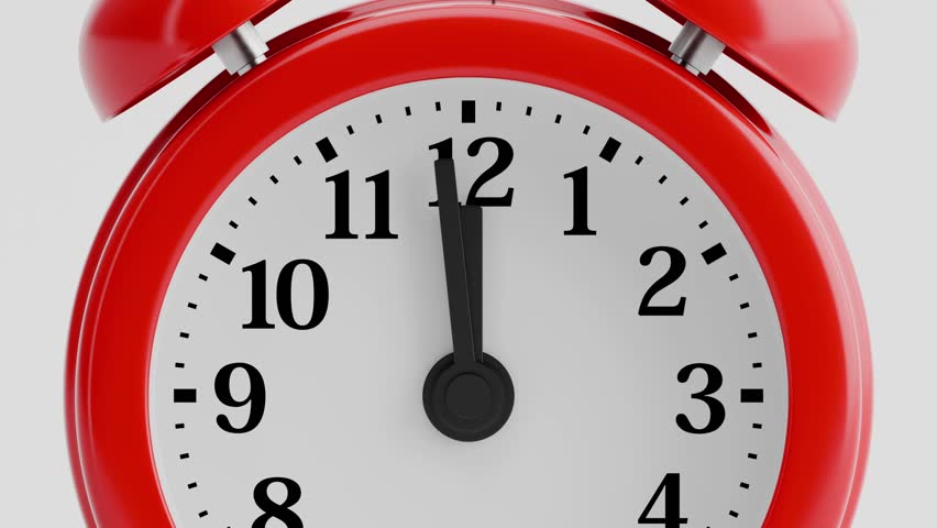Malfunctioning Red Alarm Clock Losing Power and Stuck at 11:59 – Minute Hand Struggling to Reach 12:00. Seamless Looping 3D Animation, Frustration and Difficulty Moving Forward Concept, Close-Up View.