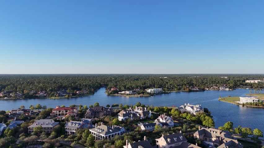Aerial view of luxurious houses neighborhood with large mansions in Woodlands, Texas, Houston, USA