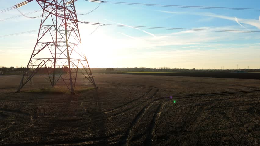 Aerial view of electricity pylon, United Kingdom.