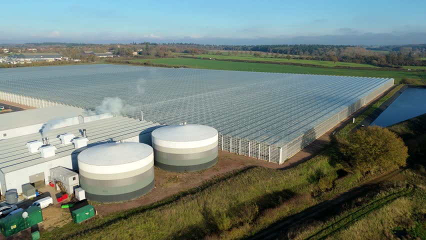 Aerial view of greenhouses in Bury Saint edmunds, United Kingdom.