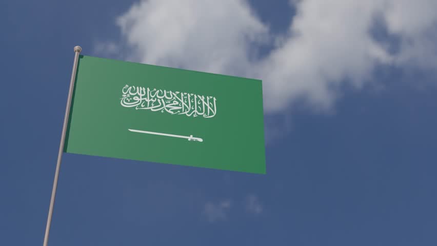 saudi arabia flag waving country national blue sky cloud copy space patriotism symbol green color freedom emblem asia south banner independence travel kingdom islam muslim holiday history saudi arabia
