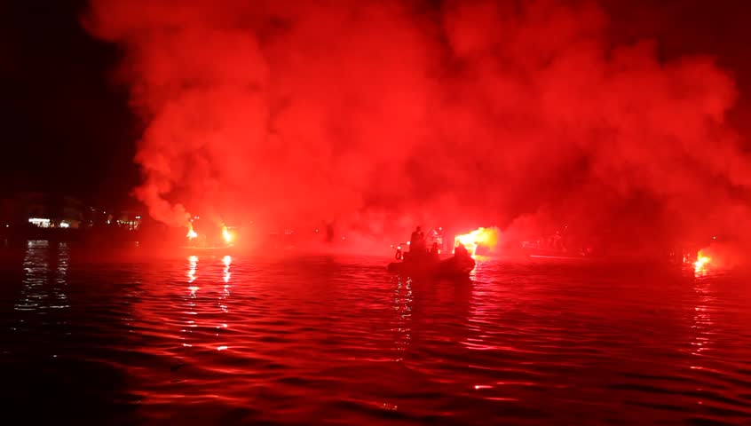 PELOPONNESE, GREECE- MAY 6: The ritual burning of Judas Iscariot at sea during