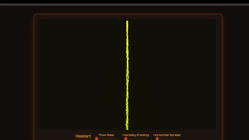Retro sci-fi interface or CRT screen showing a bright yellow-green particle stream shooting upwards, simulating fluid dynamics or data flow. 