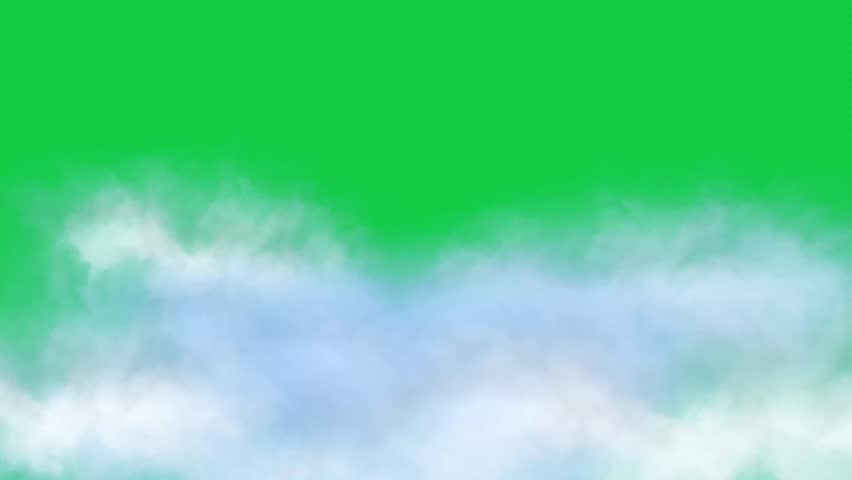 Animation plane flying over the clouds with green screen background. Moving forward through white smoke or foggy weather, smoky background animation green screen.