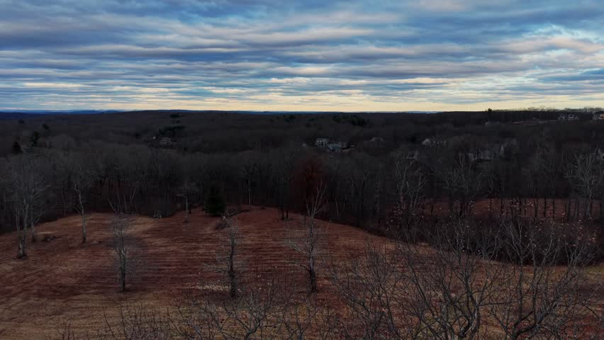 Aerial view just before sunset from Johnnycake Mountain in Burlington, Connecticut