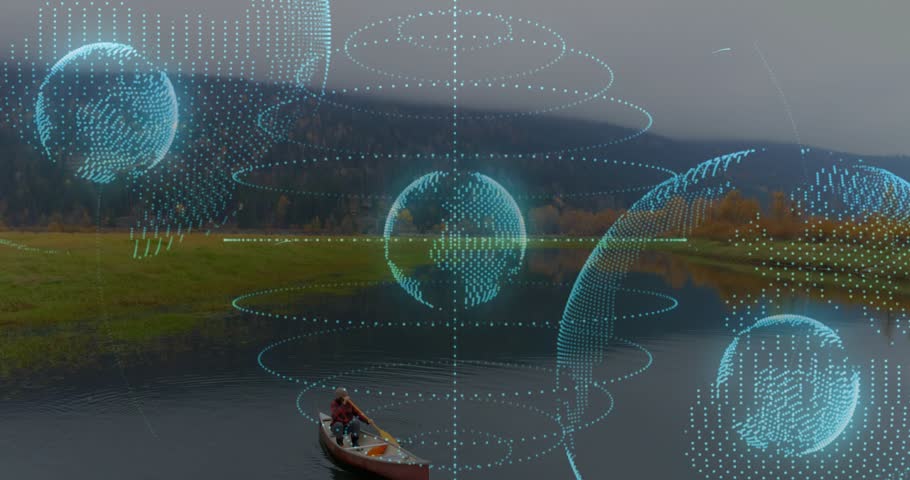 Paddler paddling canoe, progressing, AR overlay mapping globes and rings over canoe for navigation. Watercraft, rower, river, overcast, holographic, augmented, cyan