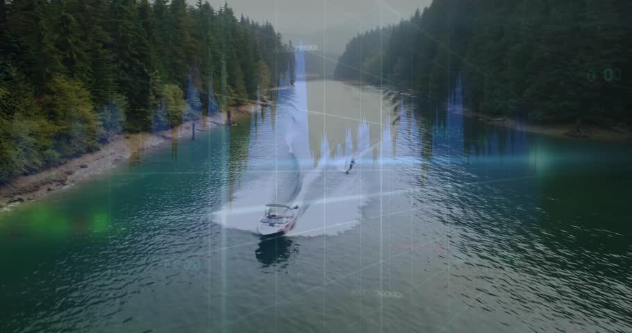Pilot speeding boat towing rider for carving, finance chart and blue waveform over boat and rider. Wakeboard, watersport, drone, aerial, reservoir, shoreline, spray