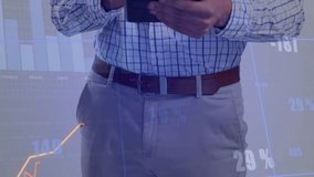 Male analyst holding tablet, tapping swiping, viewing financial chart overlays while camera rising. Graphs, data, stocks, analytics, professional, office, dashboard - Powered by Shutterstock - Get 15% off with code: PIKWIZARD15