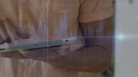 Adult man tapping tablet, right finger initiating animated finance charts monitoring market trends. Candlestick, histogram, trading, uptrend, analytics, swipe, device - Powered by Shutterstock - Get 15% off with code: PIKWIZARD15