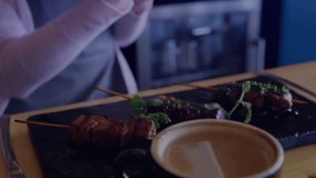 Cafe customer gesturing, initiating HUD, lifting tablet, scanning plate for nutrition. Holographic, overlay, interface, data, analytics, futuristic, device - Powered by Shutterstock - Get 15% off with code: PIKWIZARD15