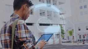Man tapping tablet on sidewalk and initiating AR HUD while analyzing bar-chart for tech demo. Handheld, touchscreen, augmented, reality, urban, cityscape, analytics - Powered by Shutterstock - Get 15% off with code: PIKWIZARD15