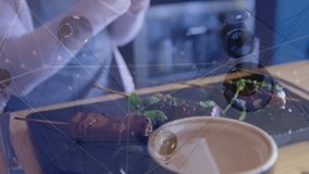 Server reaching tablet, tapping to process cafe order while network overlaying tablet and plate. Device, touchscreen, handheld, interaction, eatery, counter, skewers - Powered by Shutterstock - Get 15% off with code: PIKWIZARD15