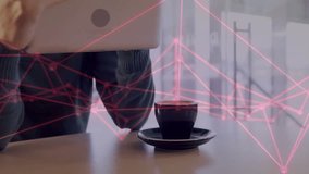 Man raising tablet and tapping screen, revealing pink AR network across coffee cup for technology. Device, handheld, augmented, reality, cafe, daylight, focus - Powered by Shutterstock - Get 15% off with code: PIKWIZARD15