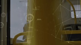 Woman tapping tablet on yellow tray, rider glancing out while tech network overlay mapping data. Commuter, laptop, onthego, documentary, technology, urban, transit - Powered by Shutterstock - Get 15% off with code: PIKWIZARD15