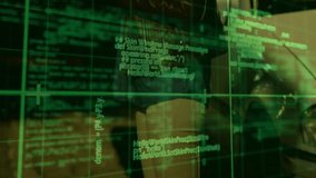 Code overlay shifting, revealing face as commuter woman holding phone at shelter, checking transit. Urban, night, neon, digital, grid, silhouette, futuristic - Powered by Shutterstock - Get 15% off with code: PIKWIZARD15