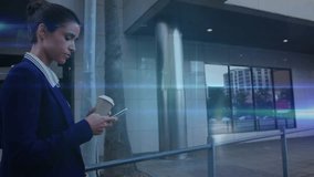 Businesswoman walking walkway, holding coffee, tapping phone, HUD nodes growing into social network. Professional, urban, outdoor, blazer, smartphone, overlay, avatars - Powered by Shutterstock - Get 15% off with code: PIKWIZARD15