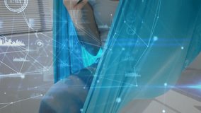 Woman tapping phone in hammock, revealing face and smiling for leisure as tech graphics overlay. Smartphone, device, scrolling, digital, holographic, blue, window - Powered by Shutterstock - Get 15% off with code: PIKWIZARD15