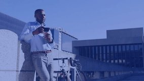 Professional man at office railing, tapping smartphone causing blue AR charts showing work metrics. Adult, urban, outdoor, cityscape, bicycle, cup, data - Powered by Shutterstock - Get 15% off with code: PIKWIZARD15