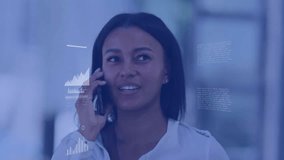 Woman walking, phone call causing business charts to overlay phone while scrolling to check data. Professional, urban, cityscape, contemporary, focused, reading, multitasking - Powered by Shutterstock - Get 15% off with code: PIKWIZARD15