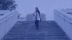 Woman walking down concrete stairs from top, calling on smartphone while tech HUD overlays shifting. Urban, pedestrian, staircase, commuter, overcast, digital, overlay - Powered by Shutterstock - Get 15% off with code: PIKWIZARD15