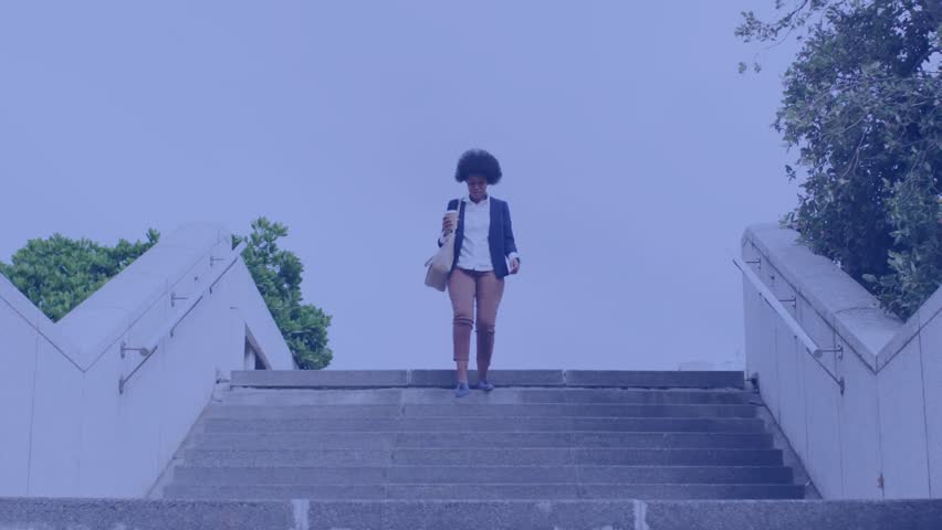 Woman commuter stepping down, walking stairs, checking phone, HUD overlaying technology data. Pedestrian, staircase, concrete, urban, outdoor, smartphone, descent - Powered by Shutterstock - Get 15% off with code: PIKWIZARD15