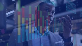 Man holding smartphone, speaking and monitoring animated financial charts shifting across office. Professional, finance, dashboard, graphs, data, corporate, modern - Powered by Shutterstock - Get 15% off with code: PIKWIZARD15