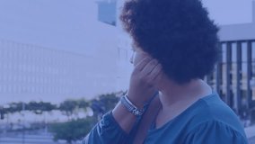 Adjusting earbud, woman raising phone and checking analytics, HUD charts responding to taps. Urban, waterfront, outdoor, data, overlay, augmented, mobile - Powered by Shutterstock - Get 15% off with code: PIKWIZARD15